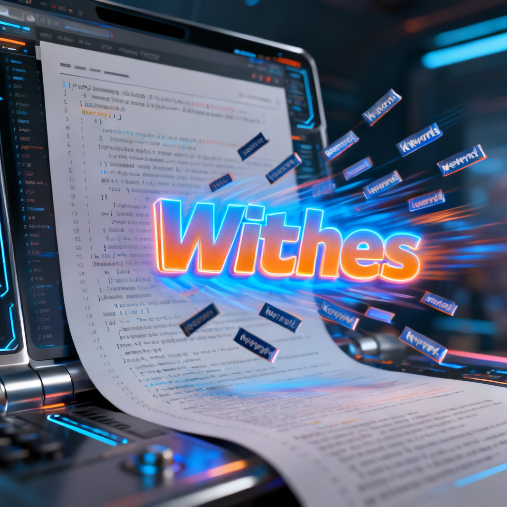 A futuristic dashboard showing a massive text file being processed, with keywords flying into a vibrant word cloud, glowing blue and orange