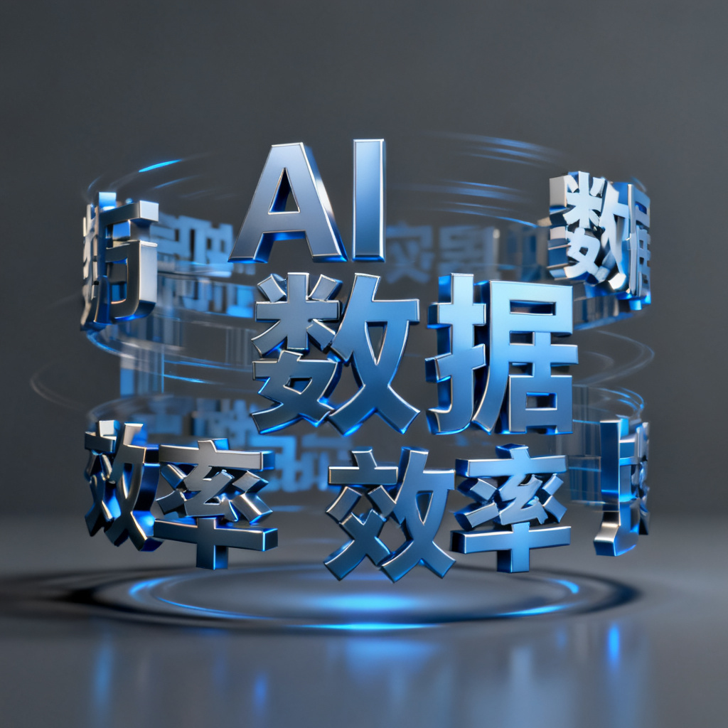 3D立体文字云，科技蓝主题，关键词“AI”“数据”“效率”，动态旋转动画，背景深灰，灯光效果