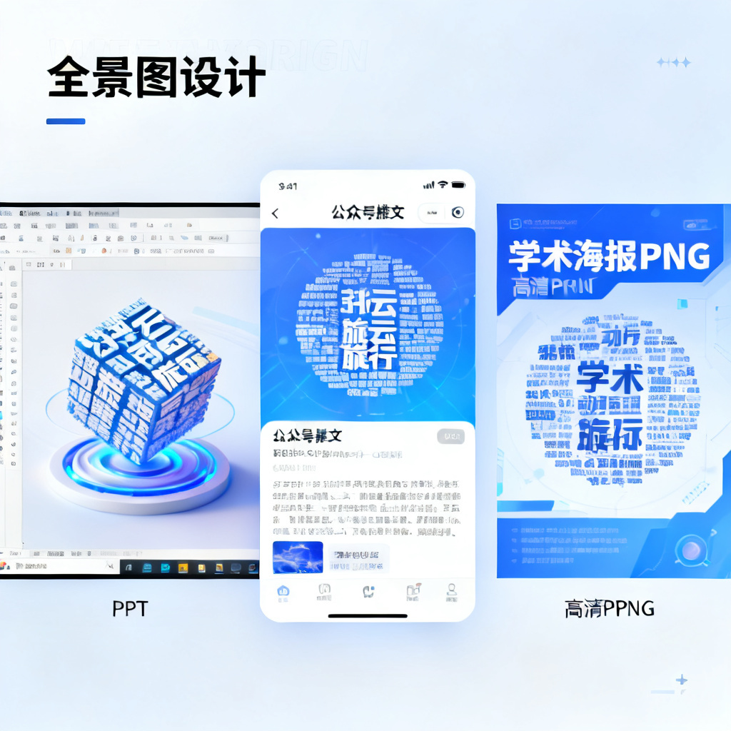 一张全景图，展示轻云图在不同场景的应用：左侧是PPT中的3D词云旋转演示，中间是公众号推文中的动态GIF词云，右侧是学术海报上的高清PNG词云，整体色调明亮，科技感与实用性并存。