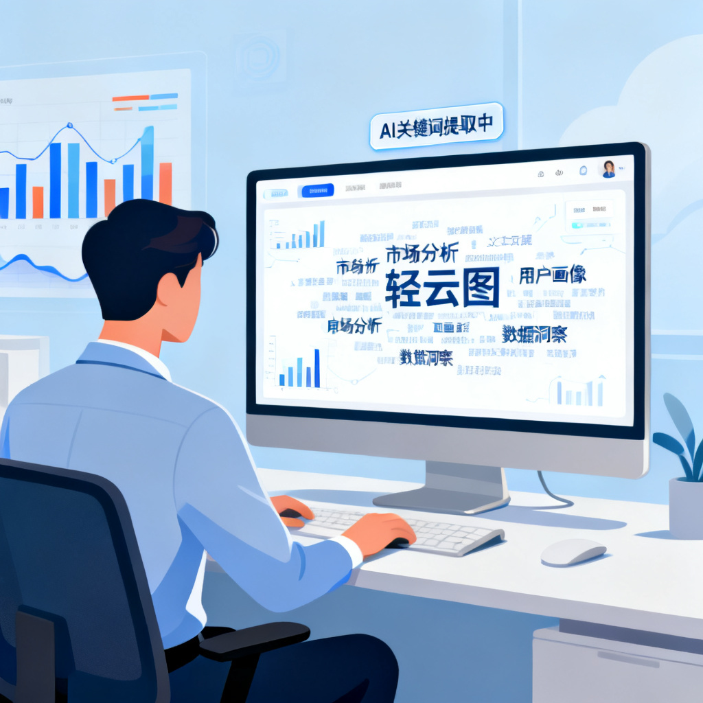 一位职场白领在电脑前使用轻云图，界面显示AI自动提取关键词并生成文字云，背景有数据图表和文字云元素