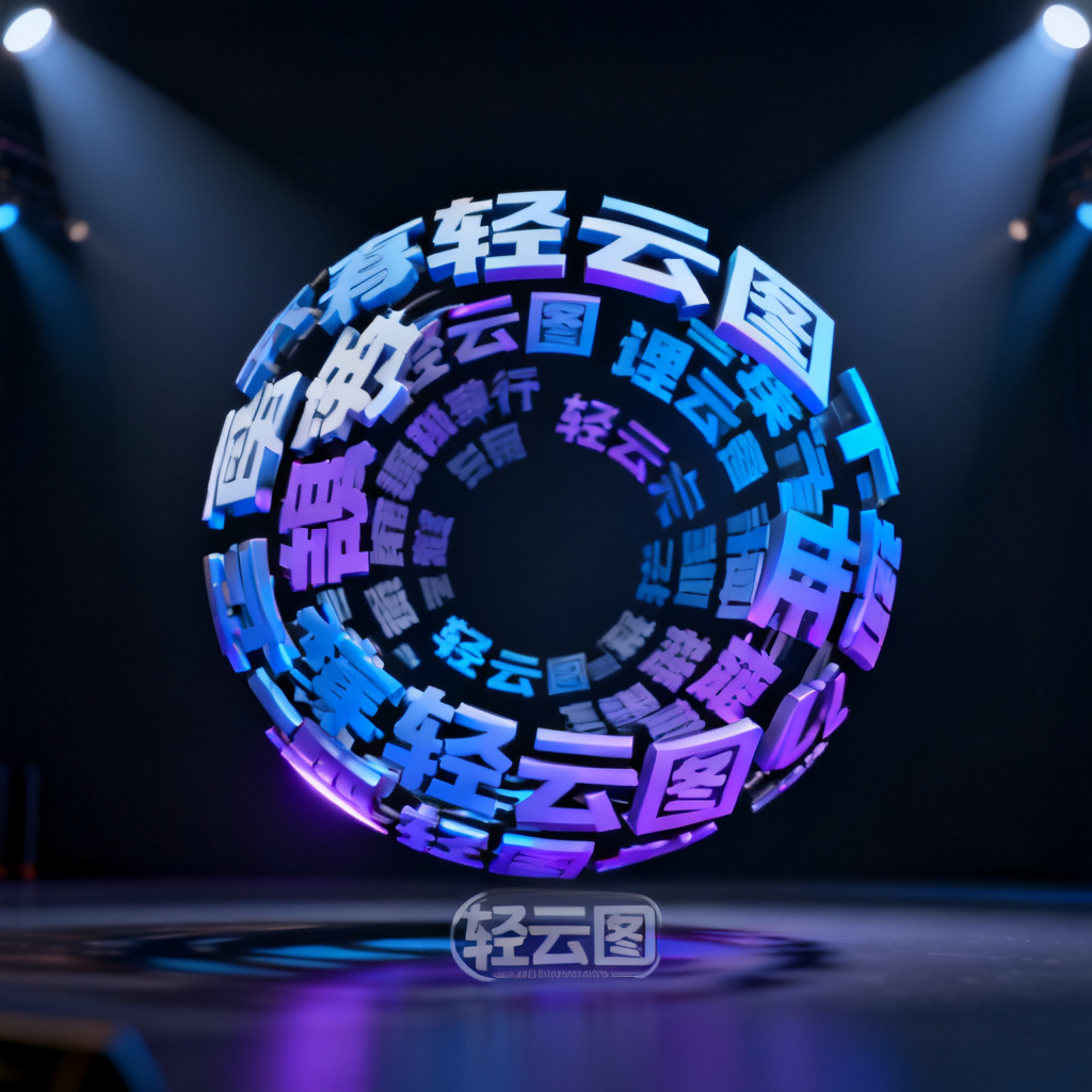一个3D文字云在空间内旋转，词语由中心向外弹出，带有蓝色和紫色渐变光效，背景为深色舞台灯光，文字云底部有“轻云图”水印