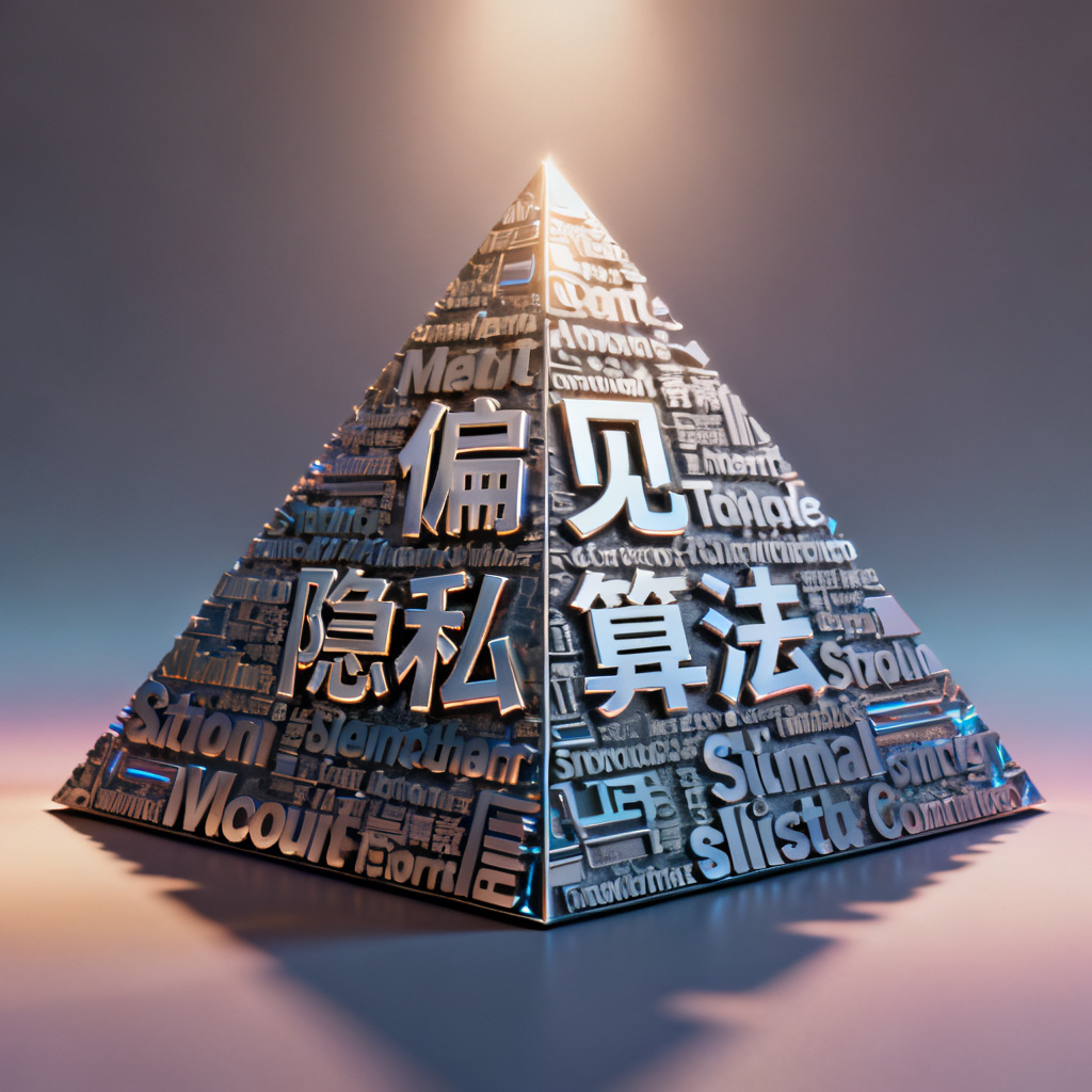 一个3D文字云，形状为金字塔，由“偏见”、“隐私”、“算法”等科技词汇组成，背景为渐变色，文字有金属光泽，光线从顶部照射，底部阴影自然，风格科幻，适合学术海报场景