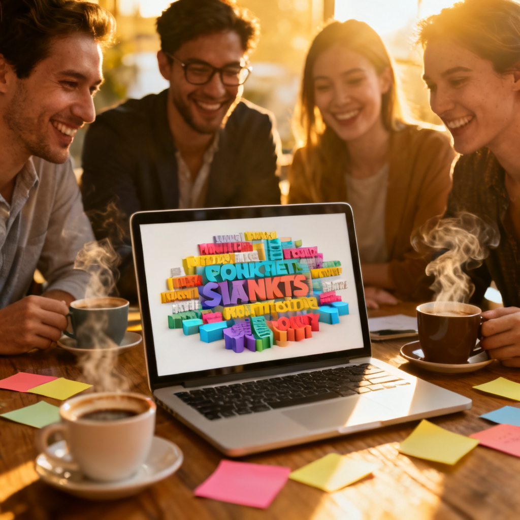 A team of marketers smiling at a laptop screen showing a colorful 3D word cloud, coffee cups and sticky notes on the table
