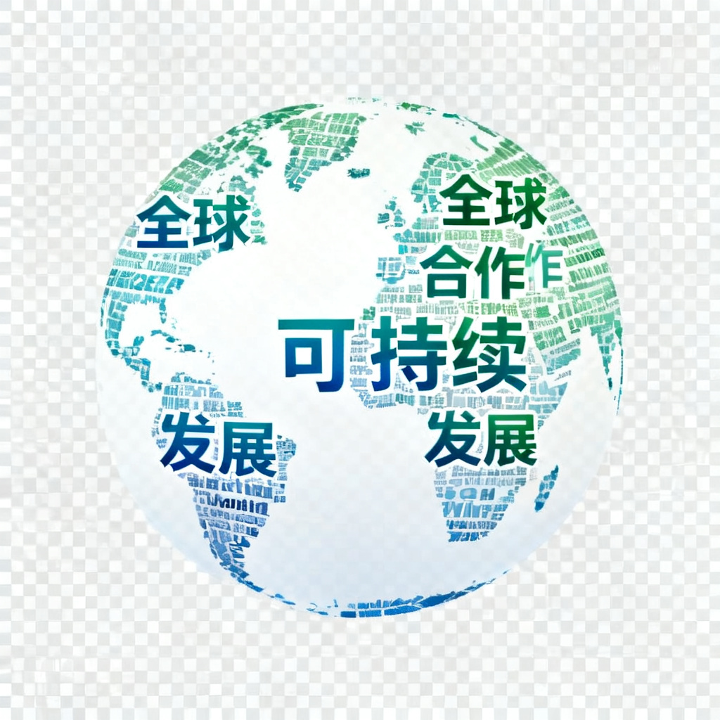 一个文字云，形状为地球，关键词包括“全球”“合作”“可持续”“发展”，文字颜色为蓝绿渐变，背景为透明，适合用于PPT演示