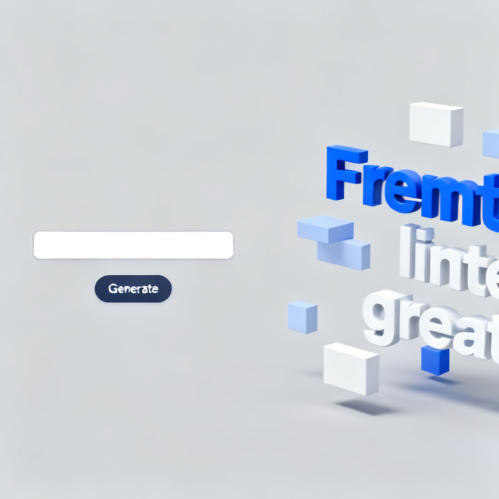 A clean, minimalist interface of a word cloud generator, showing a single text input box and a 'Generate' button, with a stunning 3D word cloud appearing on the right side