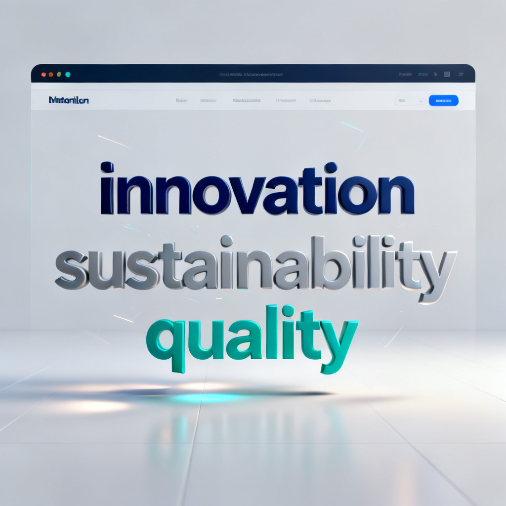 A corporate website homepage with an embedded interactive 3D word cloud, showing brand keywords like "innovation", "sustainability", and "quality" floating in space