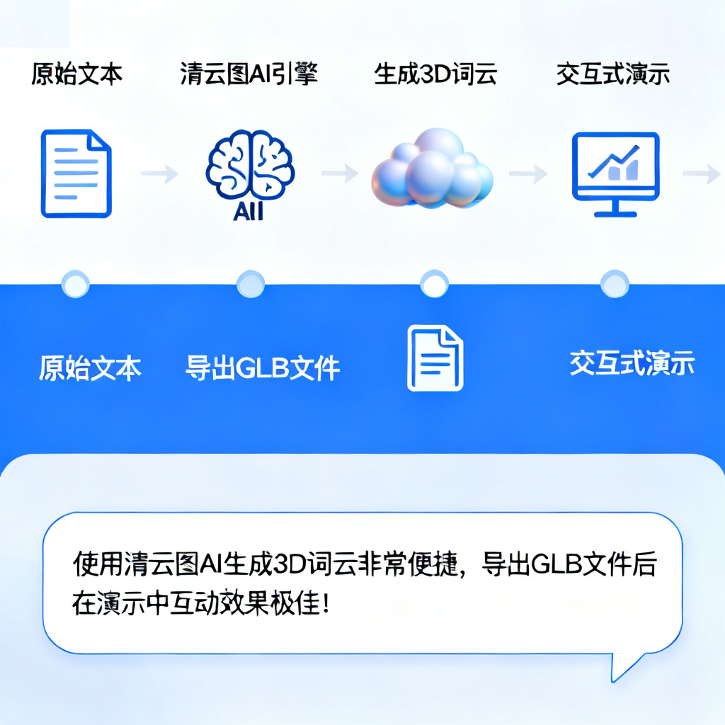A final summary infographic showing a user's workflow: starting with raw text, using Qingyuntu's AI engine to generate a 3D word cloud, then exporting it to a GLB file for an interactive presentation, with a positive user testimonial in Chinese at the bottom
