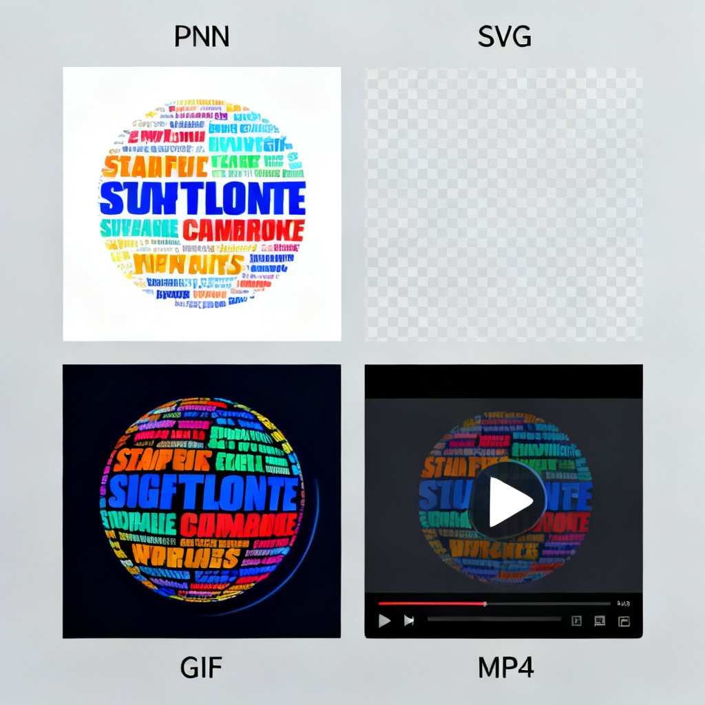 A grid of different output formats from the same word cloud: a static PNG, a transparent SVG, an animated GIF, and an MP4 video thumbnail, showcasing the versatility of modern tools
