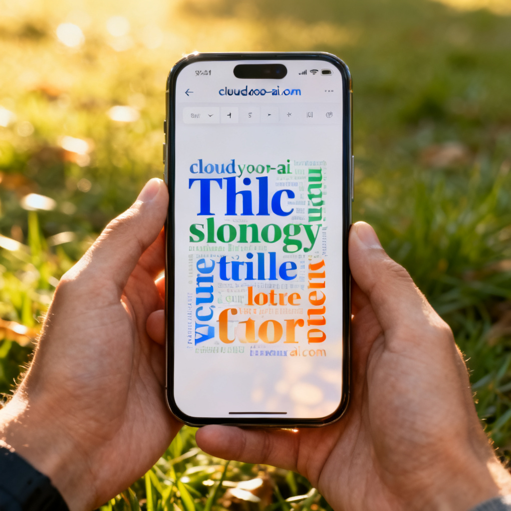 A mobile phone screen showing the cloud.yoo-ai.com interface, a word cloud being edited with custom fonts and colors, hands holding the phone, outdoor natural lighting
