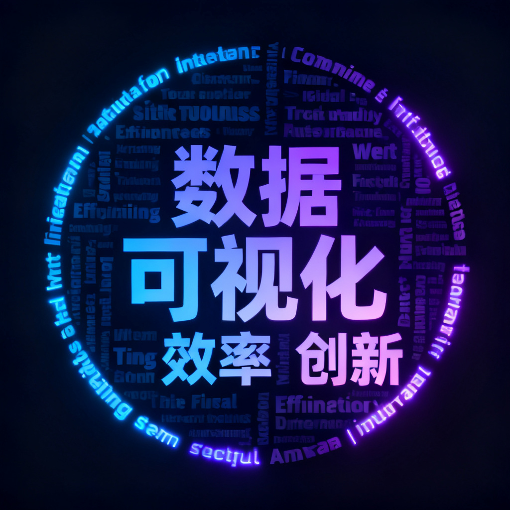 一个由AI自动生成的文字云，形状为圆形，关键词包括“数据”“可视化”“效率”“创新”，色彩采用蓝紫渐变，背景为深色，文字边缘发光