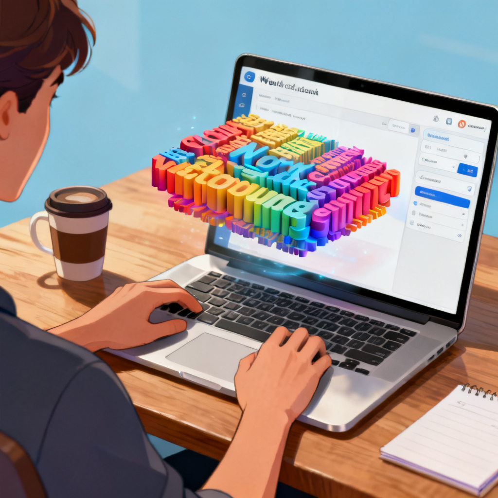 A person sitting at a desk with a laptop, the screen displaying the interface of a word cloud generation tool, with a colorful 3D word cloud floating above the laptop