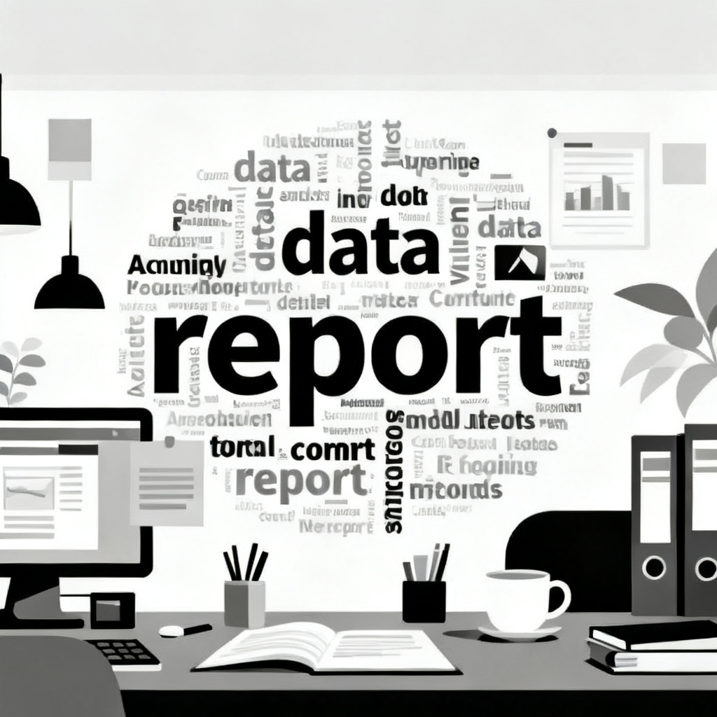 A flat, monochrome word cloud with generic keywords like 'data' and 'report', looking cluttered and uninspiring, in a corporate setting.