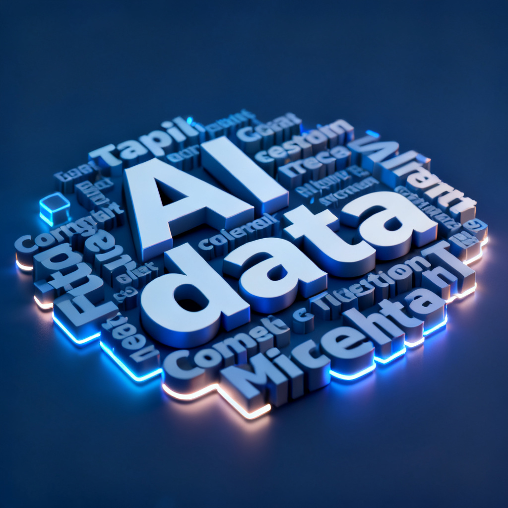 A 3D word cloud with glowing edges, rotating slowly in a dark blue background, with key terms like "AI" and "data" appearing larger.