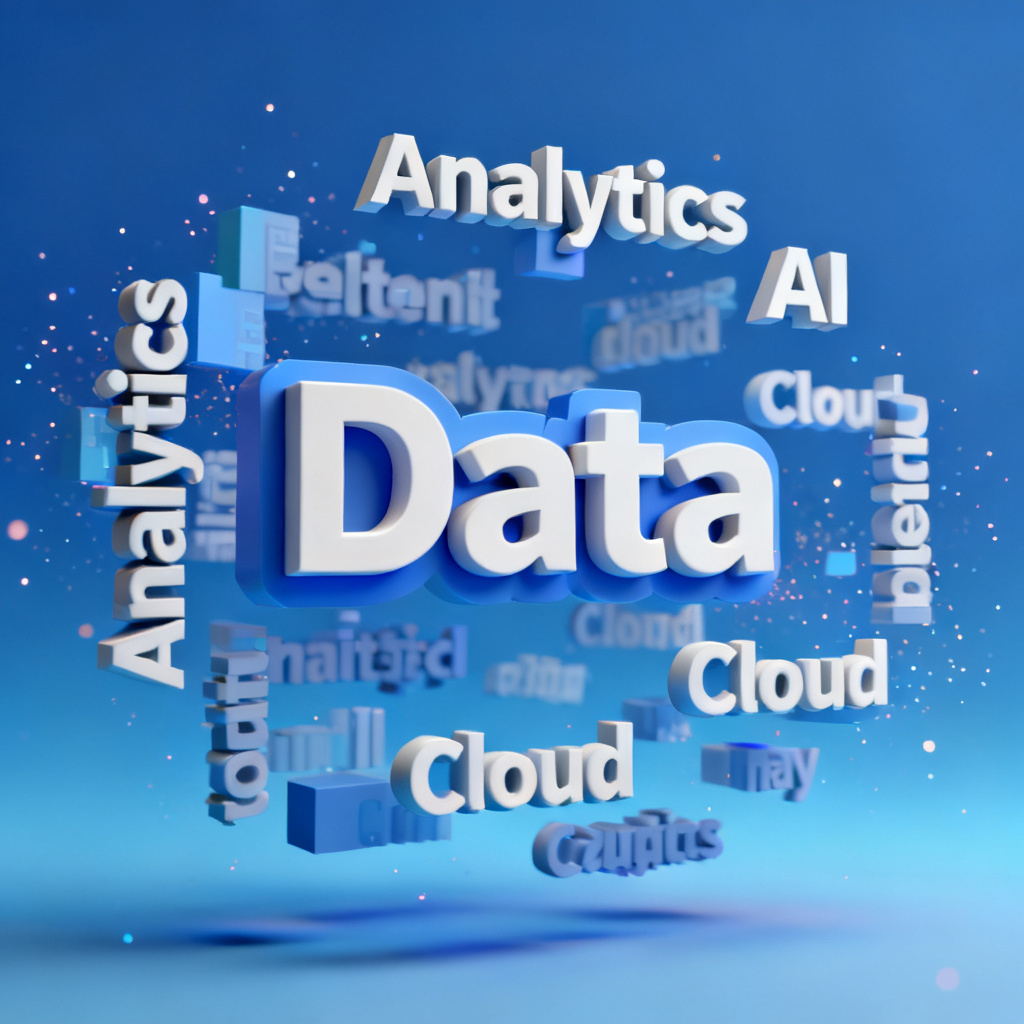 A dynamic 3D word cloud with the keyword "Data" floating and rotating in the center, surrounded by related terms like "Analytics", "AI", "Cloud", with a gradient blue background and subtle particle effects