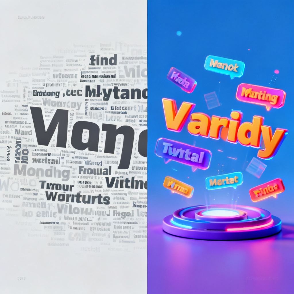 A split-screen comparison: left side shows a traditional flat word cloud, right side shows a vibrant 3D word cloud with animation, highlighting the visual upgrade.