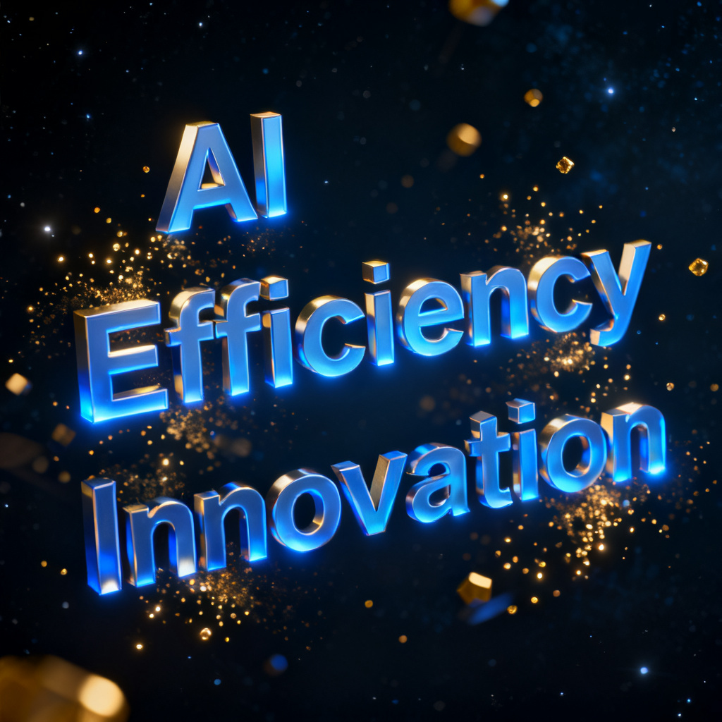 A 3D word cloud made of glowing blue and gold particles, with keywords like "AI," "Efficiency," and "Innovation" floating in a dark space, rotating slowly. The text is rendered in sharp sans-serif fonts, with subtle light reflections on each character.