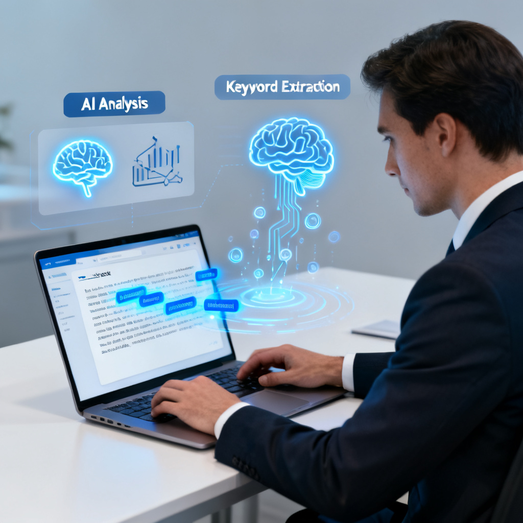 A professional user pasting text into a cloud-based tool interface, with AI analysis icons and keyword extraction animation showing in real-time