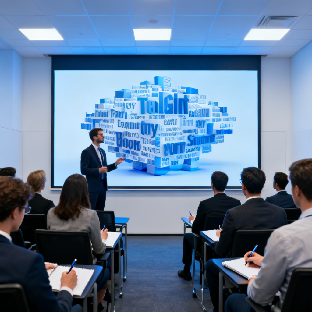 A professional business presentation scenario where a presenter uses a 3D word cloud model on a large screen, with audience members taking notes.