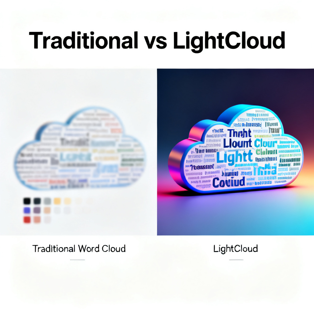 A comparison chart showing traditional flat word cloud on the left with blurred text and limited colors, versus a vivid 3D word cloud on the right with sharp keywords and gradient background, labeled "Traditional vs LightCloud"