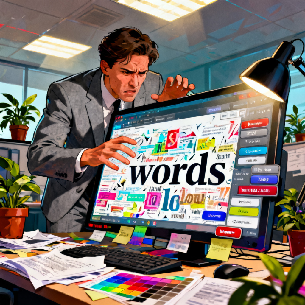 A cluttered interface of a traditional word cloud tool with manual settings, showing frustration, in a corporate office setting, digital art style.