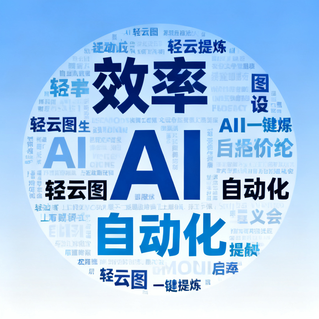 一个由轻云图生成的2D词云，形状为圆形，关键词“效率”“AI”“自动化”以不同字体大小和颜色排列，背景为简洁的渐变蓝色，展示AI一键提炼后的结果