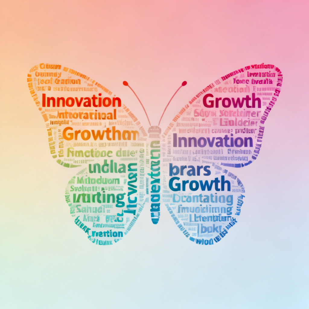 A word cloud in the shape of a butterfly, with keywords related to innovation and growth, colorful gradient background, minimalist and clean design