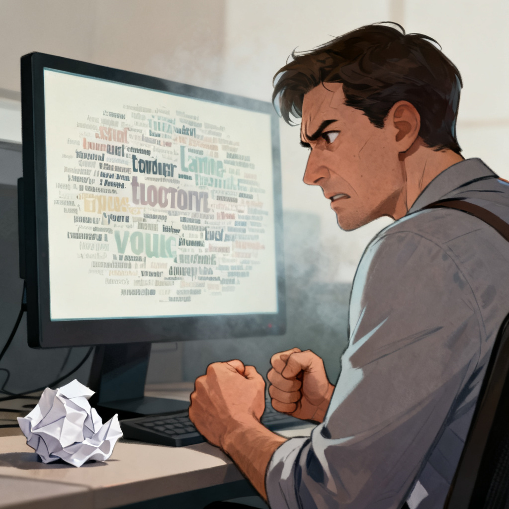 A frustrated office worker staring at a messy word cloud on a computer screen, cluttered text, muted colors, digital illustration style