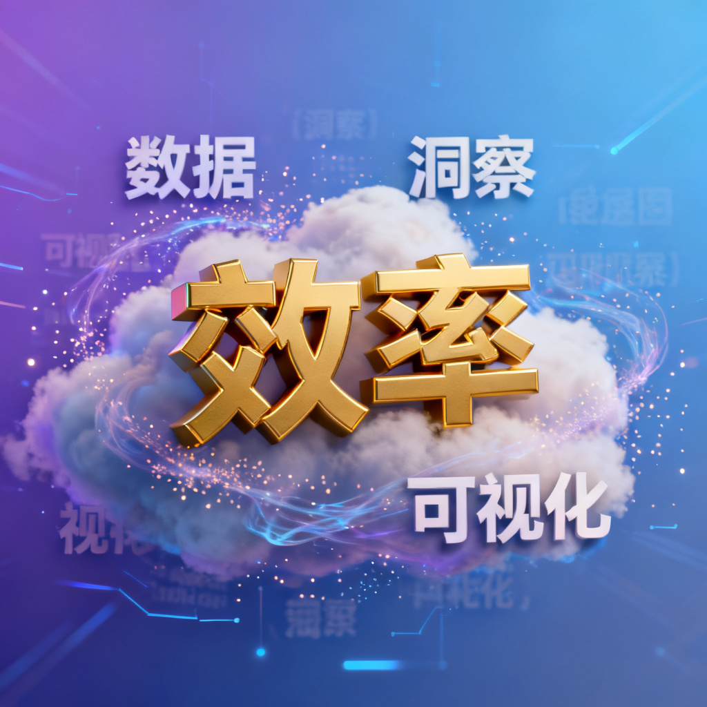 一个由轻云图生成的3D文字云,核心词“效率”以金色立体字形突出,周围环绕着“数据”、“洞察”、“可视化”等词,整体呈现科技感蓝紫渐变背景,动态粒子效果在文字间流动