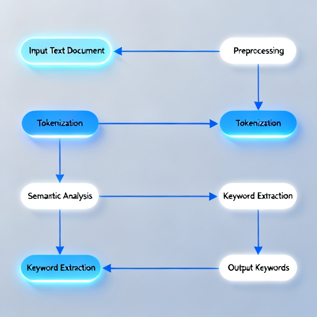A flowchart showing AI semantic analysis extracting keywords from a text document, with glowing nodes and arrows, minimalist design, blue and white color scheme.