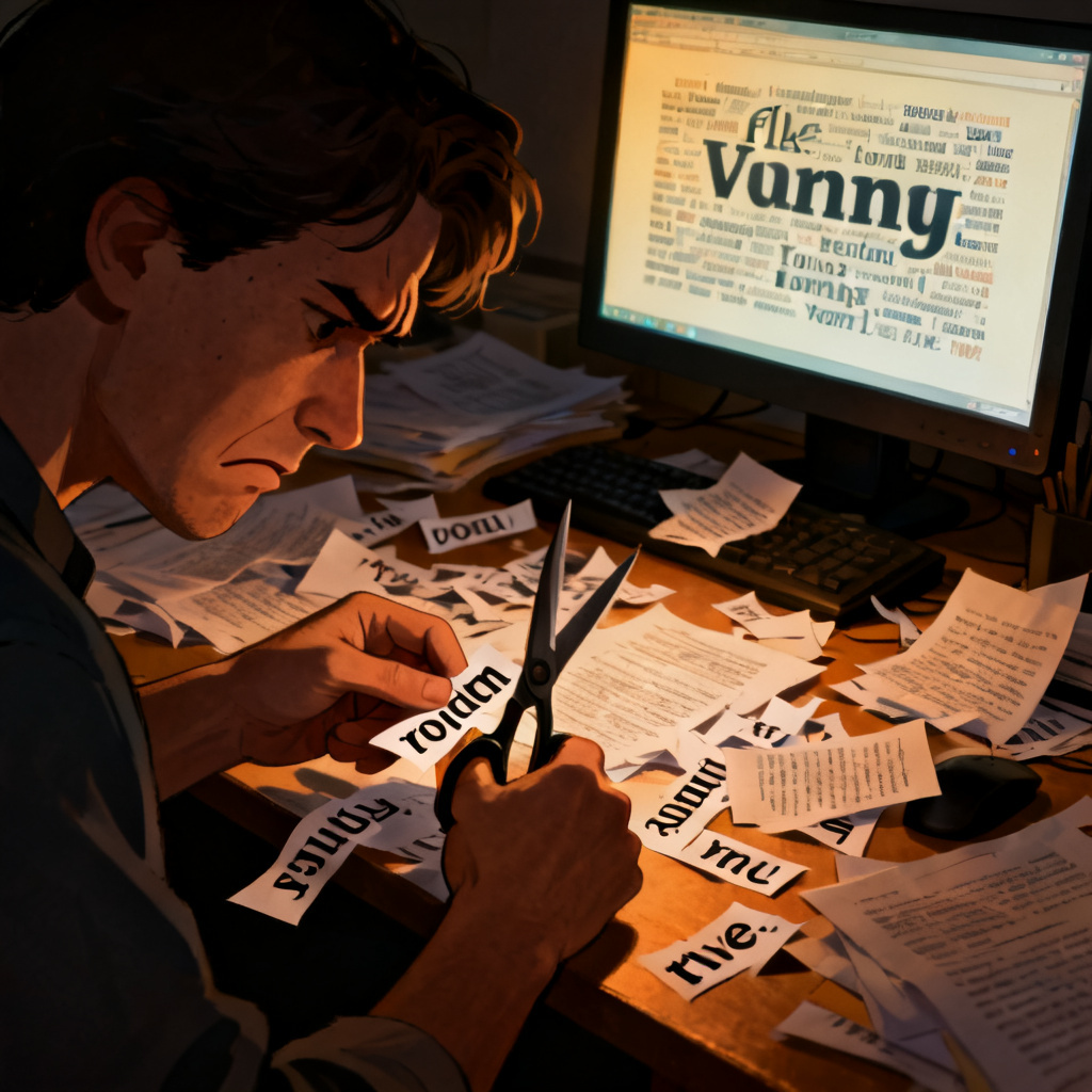 A cluttered desk with a stressed person manually cutting paper words with scissors, surrounded by messy text snippets and a dim computer screen showing a flat, boring word cloud, symbolizing inefficiency and frustration.