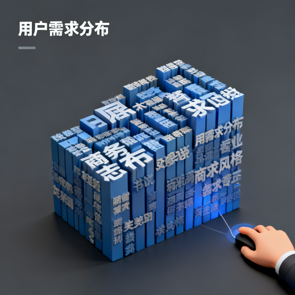 一个3D文字云在PPT幻灯片中展示，形状为柱状图，关键词按词频大小排列，用户正用鼠标拖拽旋转，屏幕显示“用户需求分布”标题，背景为深灰色商务风格