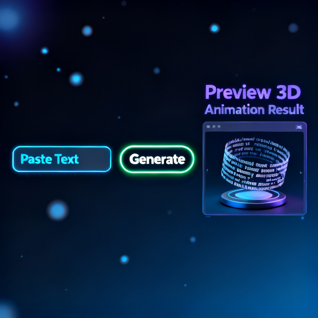 A futuristic interface showing the workflow of creating a word cloud with AI: paste text, click generate, and preview 3D animation result