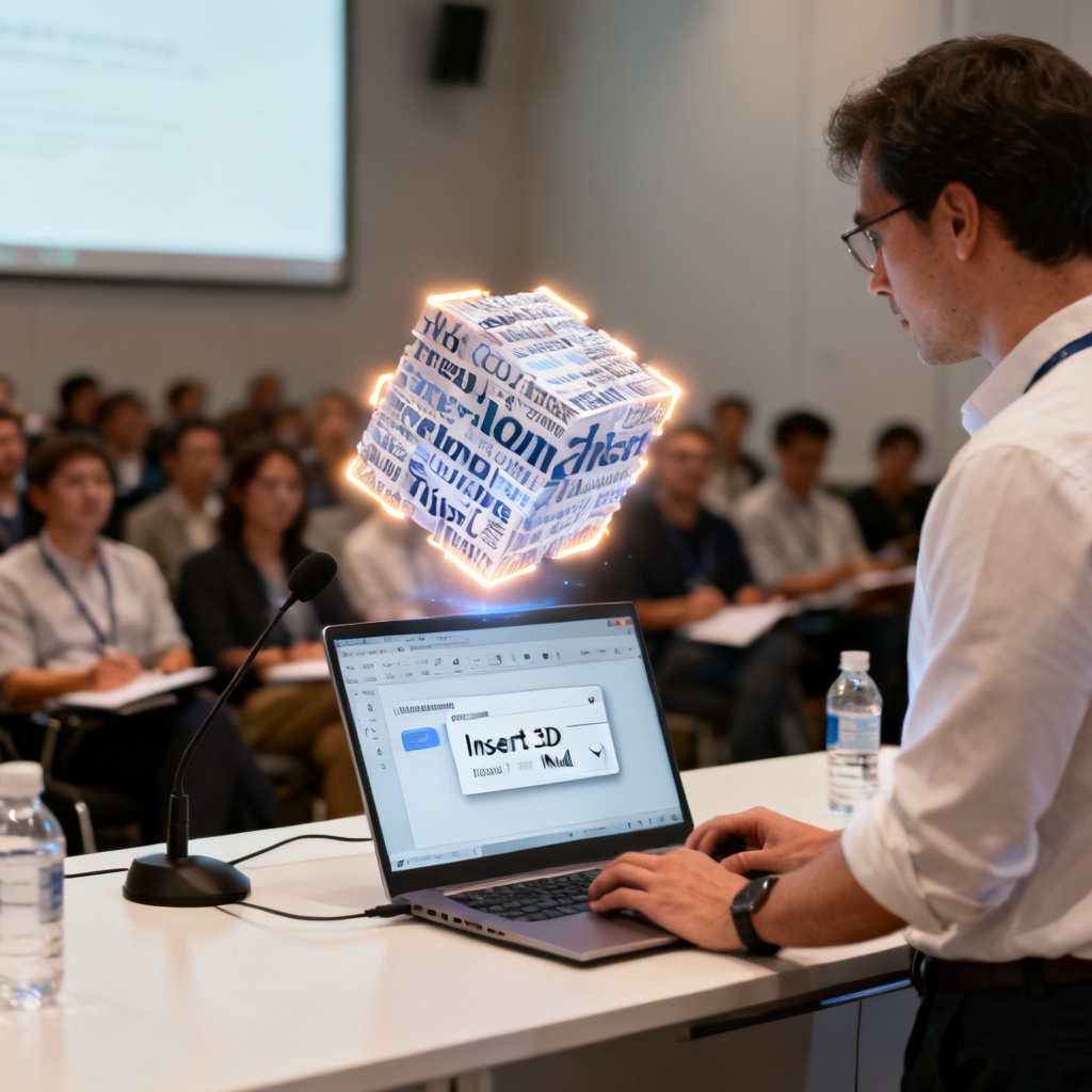 A person embedding a 3D word cloud model into a PowerPoint slide during a professional presentation, with audience visible in the background