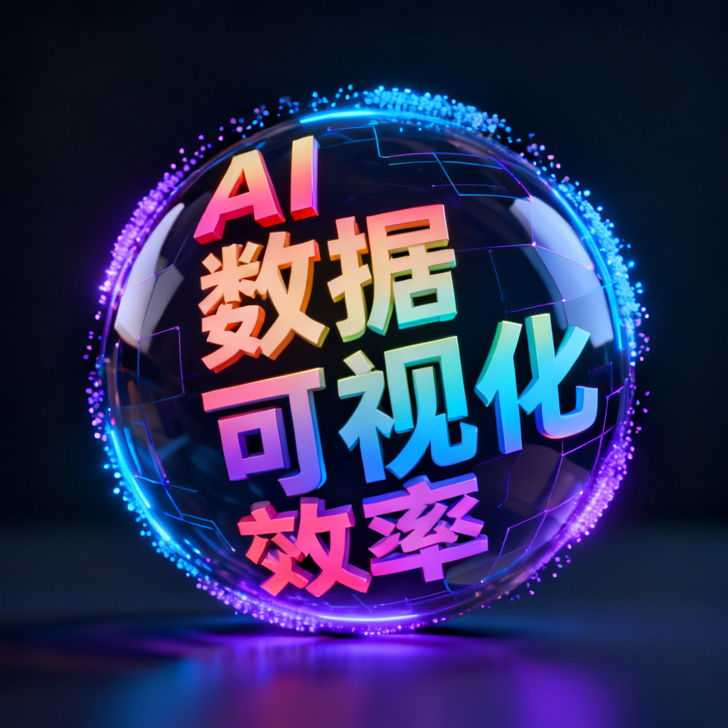 一个由彩色文字构成的3D球体,在深色背景中缓慢旋转,文字包含“AI”、“数据”、“可视化”、“效率”等词汇,边缘带有发光粒子效果,整体风格科技感强烈
