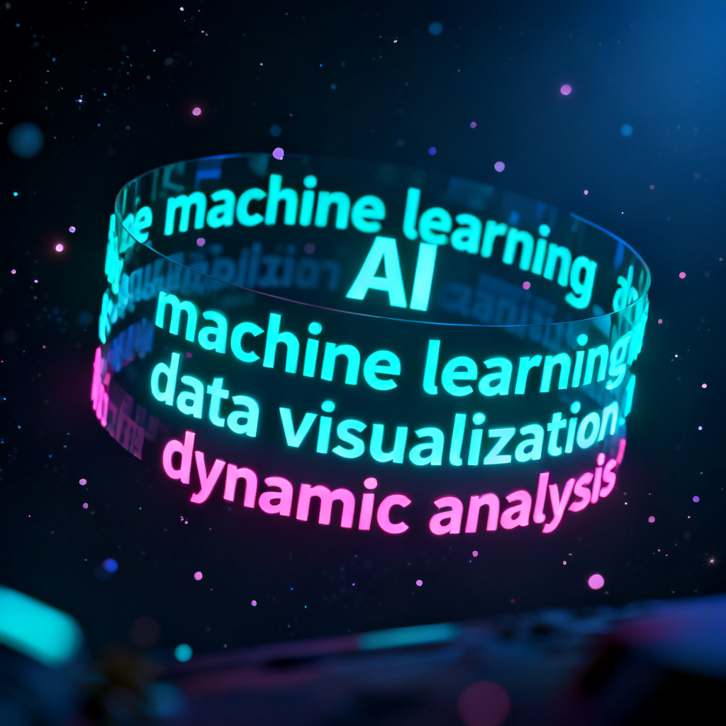 A 3D word cloud floating in a dark, futuristic space, with glowing keywords rotating slowly, surrounded by subtle particle effects, representing the dynamic visualization capability of modern AI tools