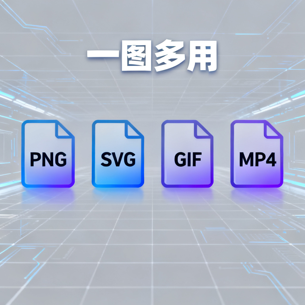 一张轻云图多格式输出示例图，展示PNG、SVG、GIF、MP4四种文件图标，背景为科技感网格，标题标注“一图多用”