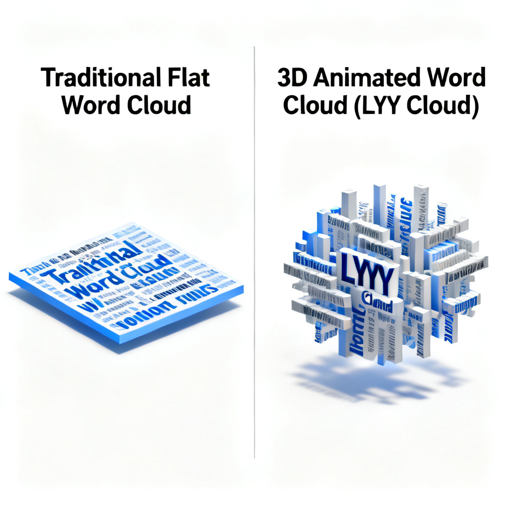 Side-by-side comparison of a traditional flat word cloud and a 3D animated word cloud from LYY Cloud, the 3D version showing depth and motion, professional infographic style