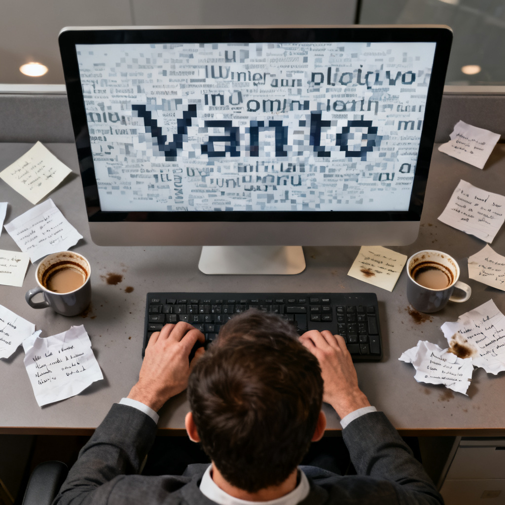 A frustrated office worker staring at a cluttered, low-resolution word cloud on a computer screen, surrounded by scattered paper notes and coffee cups, representing the complexity of traditional word cloud tools