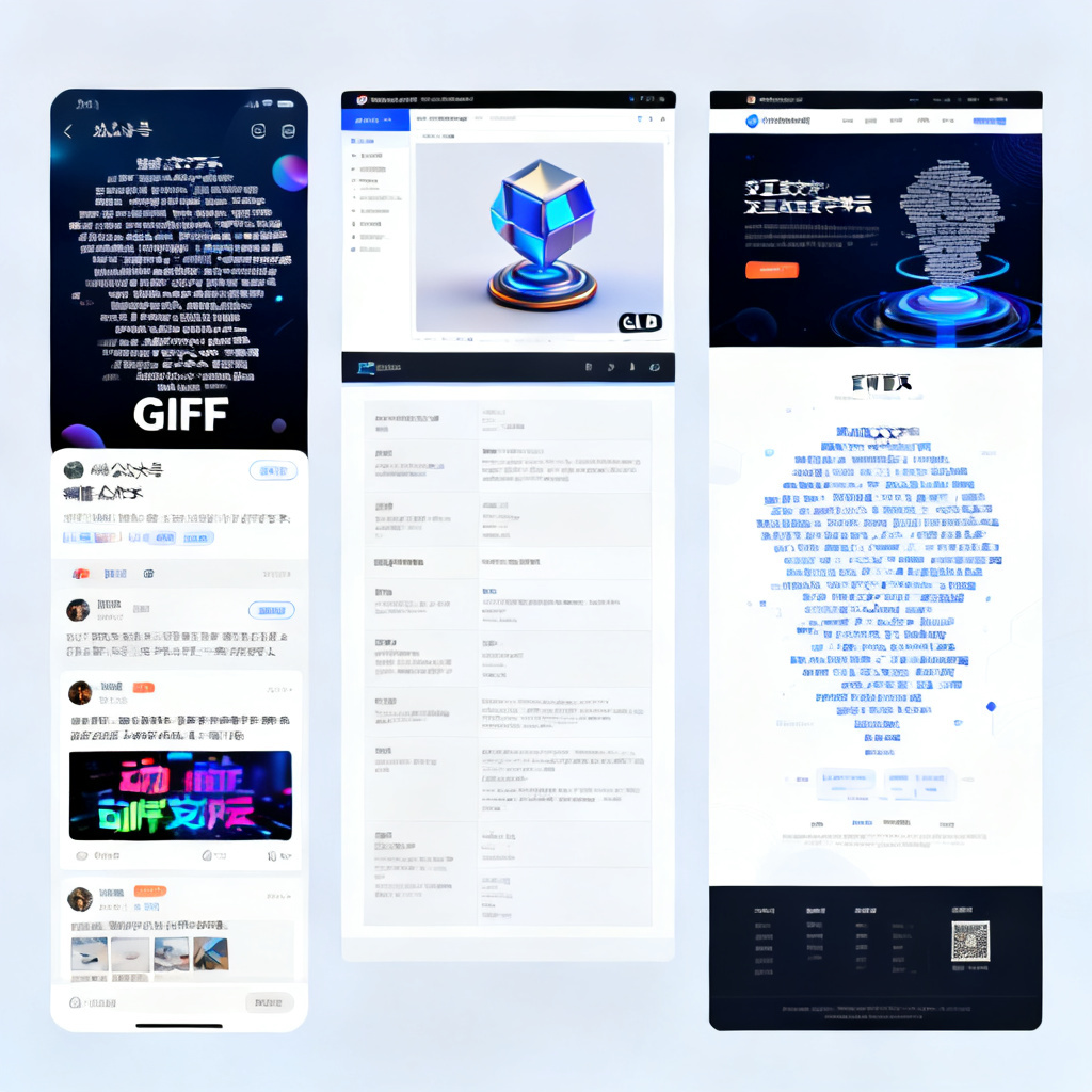 多场景展示:左侧是微信公众号推文中的动态GIF文字云,中间是PPT中的3D GLB模型,右侧是官网首页的交互式文字云展示