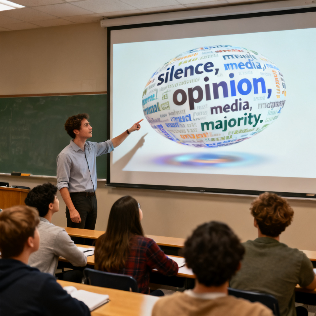 A university classroom scene. A teacher is standing next to a projection screen, pointing at a 3D word cloud that is rotating slowly. The word cloud contains keywords like "silence," "opinion," "media," and "majority." Students are looking up with engaged expressions. The lighting is natural and warm.