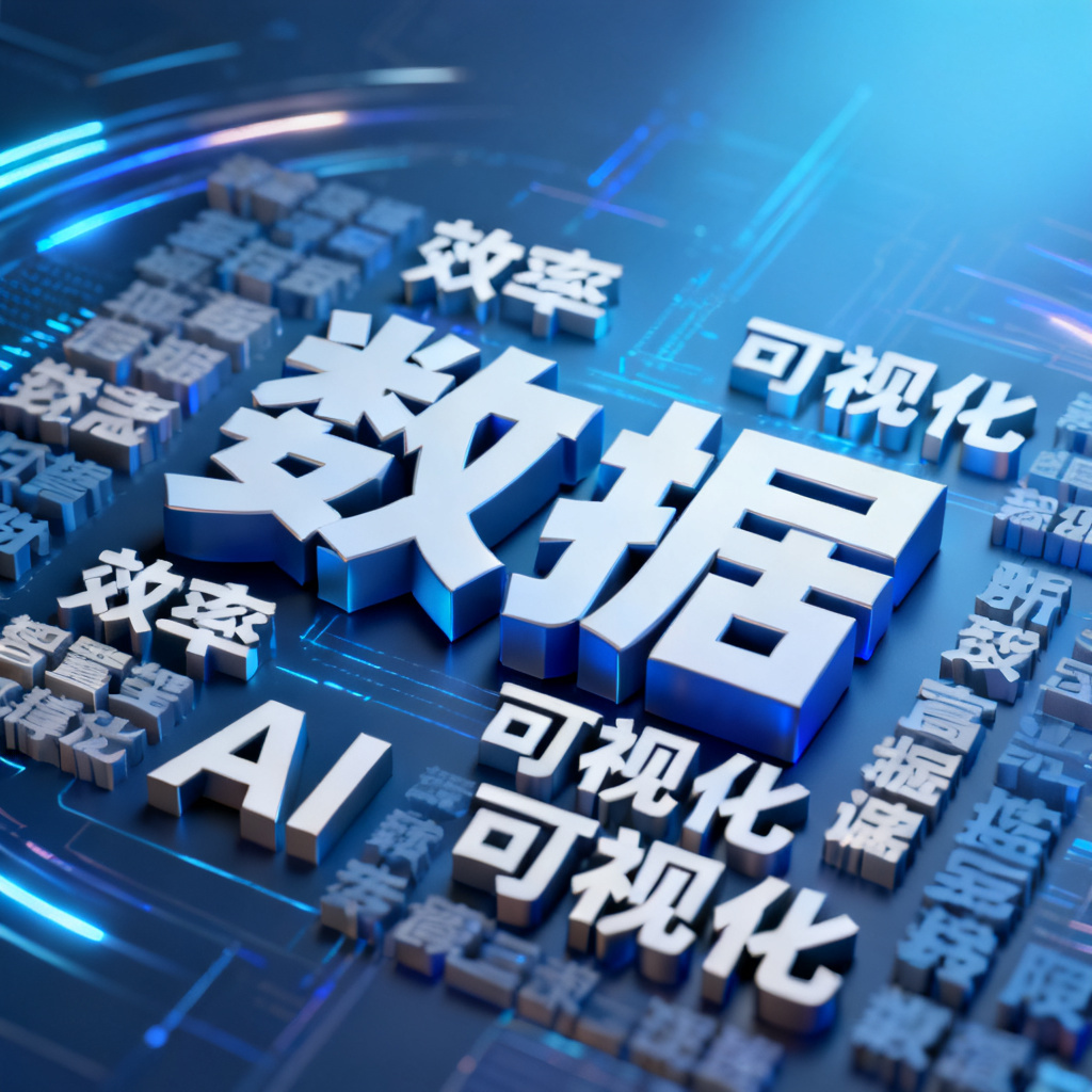 一个3D文字云，核心词“数据”突出，周围环绕“效率”、“可视化”、“AI”等词，背景为科技感蓝色渐变，有动态光效