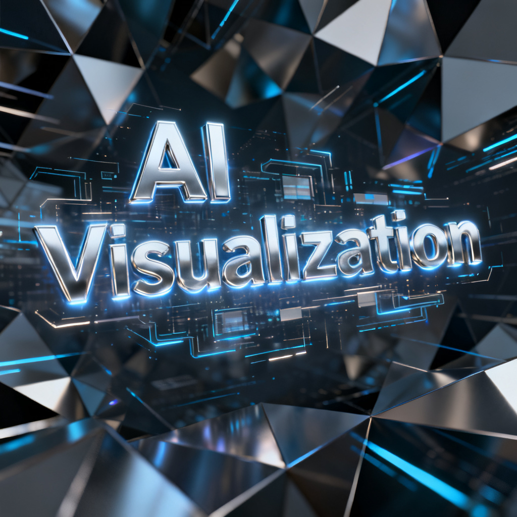 A futuristic glowing word cloud floating in a digital space, with 2D and 3D elements seamlessly blending, keywords like "AI" and "Visualization" in metallic silver, abstract geometric background, high-tech ambiance, 8k ultra HD
