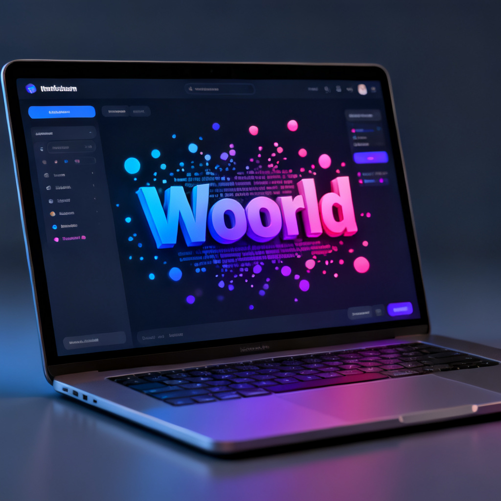A sleek laptop screen displaying the interface of a modern word cloud application, with a vibrant 3D word cloud featuring animated particles and customizable color schemes