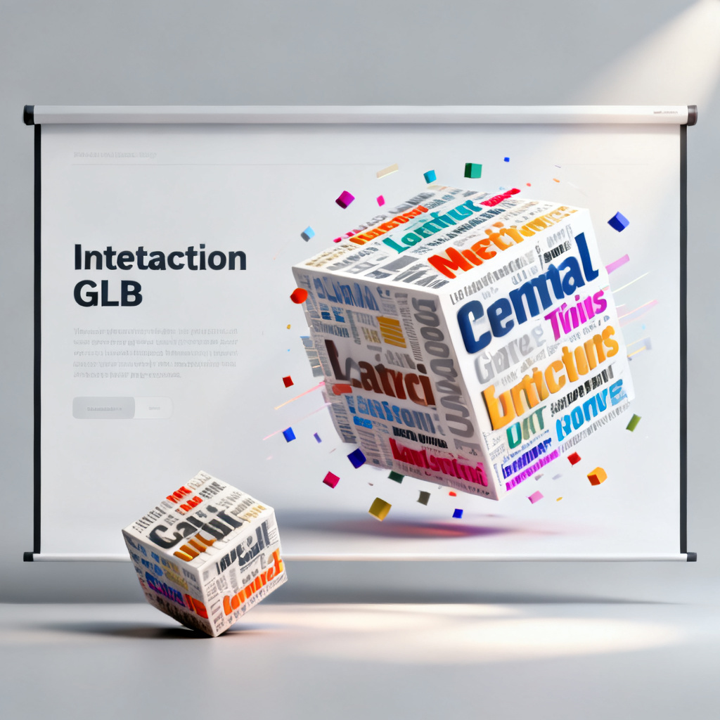 A 3D word cloud rotating with dynamic animations, displayed on a presentation slide with interactive GLB model.