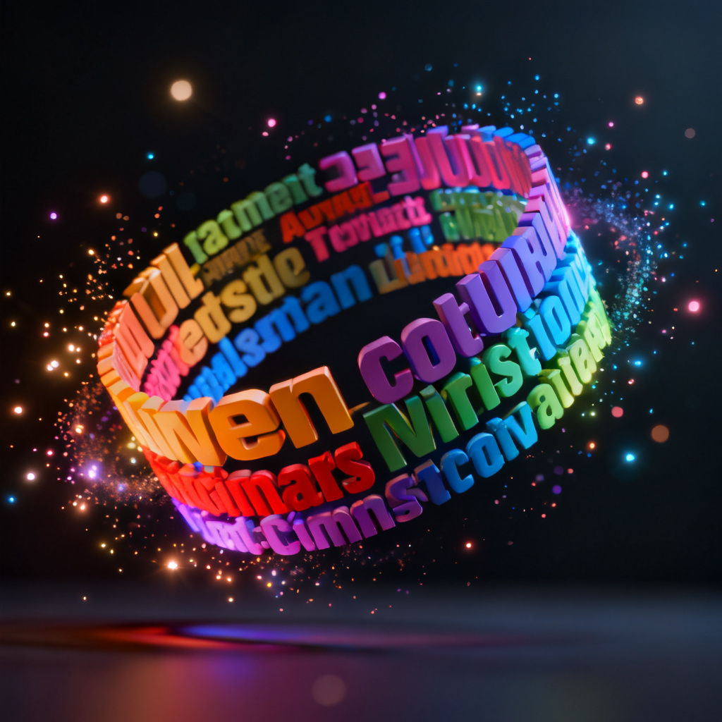 A vibrant 3D word cloud with animated rotation effects, floating in a dark background with glowing particles, symbolizing the dynamic visual impact of modern visualization tools