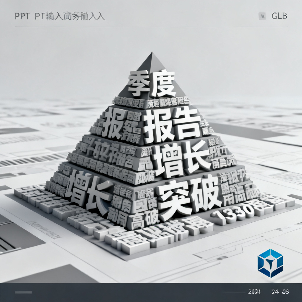 一个嵌入PPT页面的GLB格式3D文字云，文字云呈现金字塔形状，关键词“季度”“报告”“增长”“突破”分层排列，用户视角正在360度旋转浏览，PPT页面背景为商务灰白，右下角有页码与公司Logo