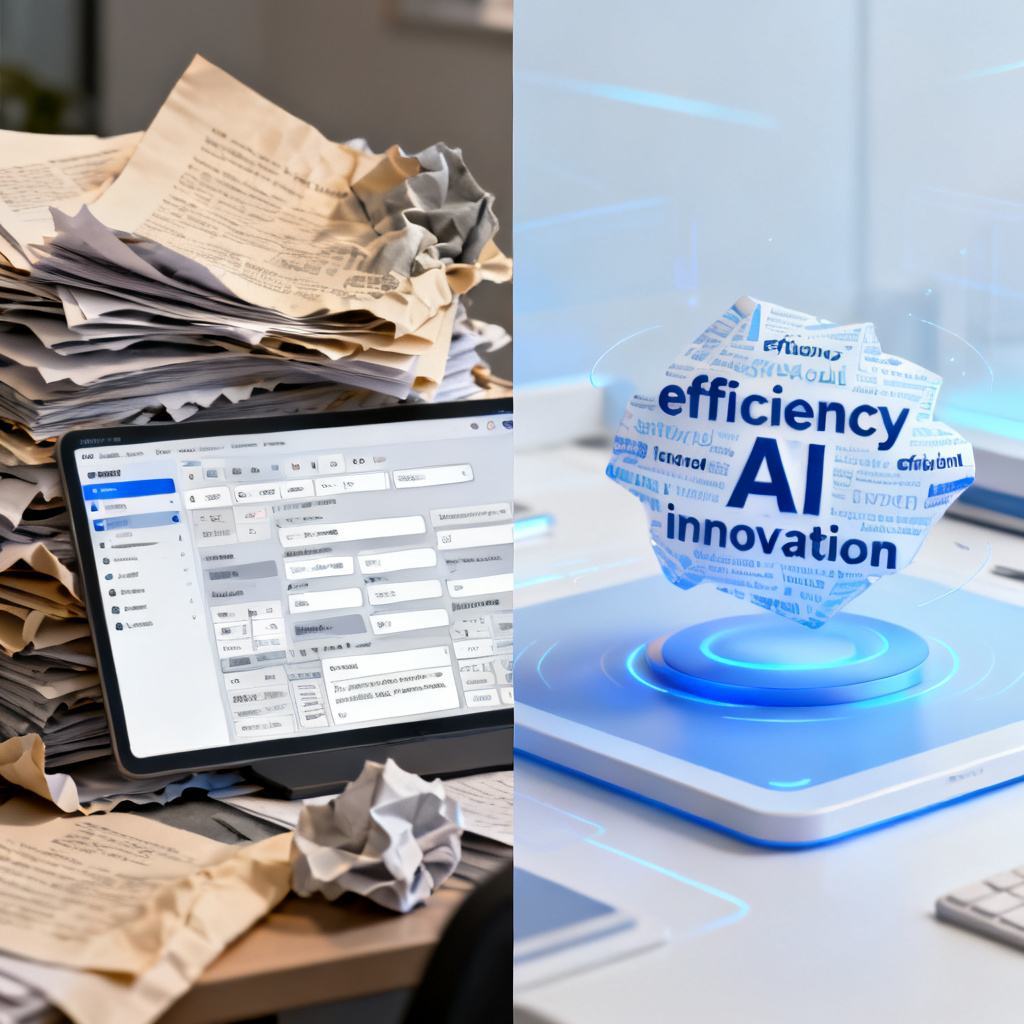 A final comparison: on the left, a messy stack of papers and a complex manual word cloud tool interface; on the right, a polished, animated 3D word cloud with keywords like "efficiency," "AI," and "innovation" floating gracefully in a clean digital workspace