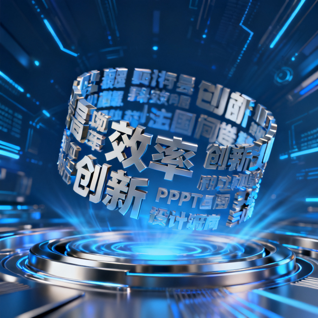 一个3D文字云在PPT幻灯片中旋转展示，核心关键词“效率”“创新”等立体悬浮，背景是蓝色科技光效