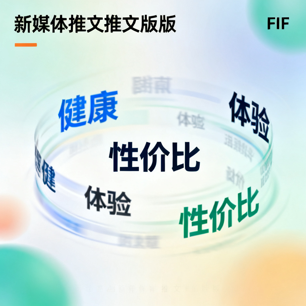 轻云图生成的动态GIF文字云，关键词“健康”、“体验”、“性价比”围绕中心缓慢旋转，背景为柔和的渐变色彩，整体风格简洁明快，适合新媒体推文排版。