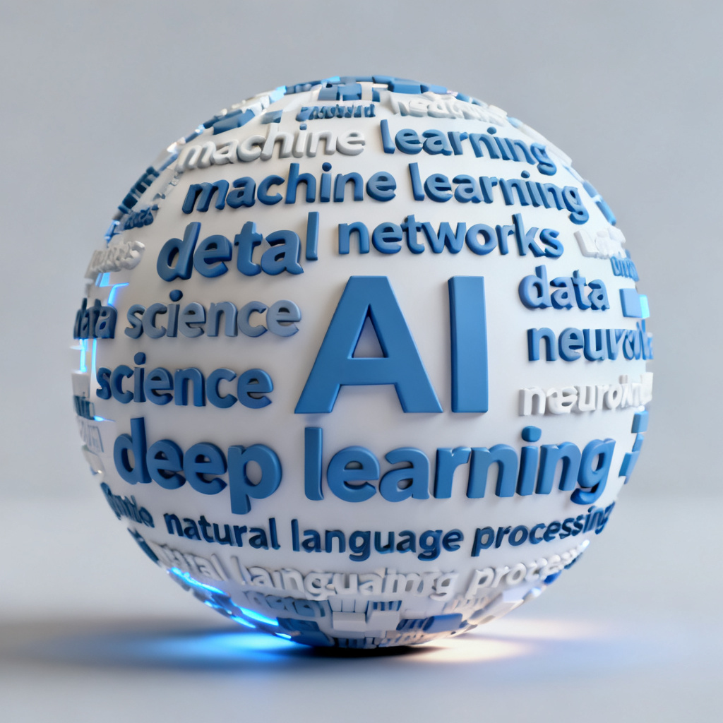 A 3D word cloud shaped like a globe, with AI-related terms rotating slowly, suitable for an educational presentation on artificial intelligence